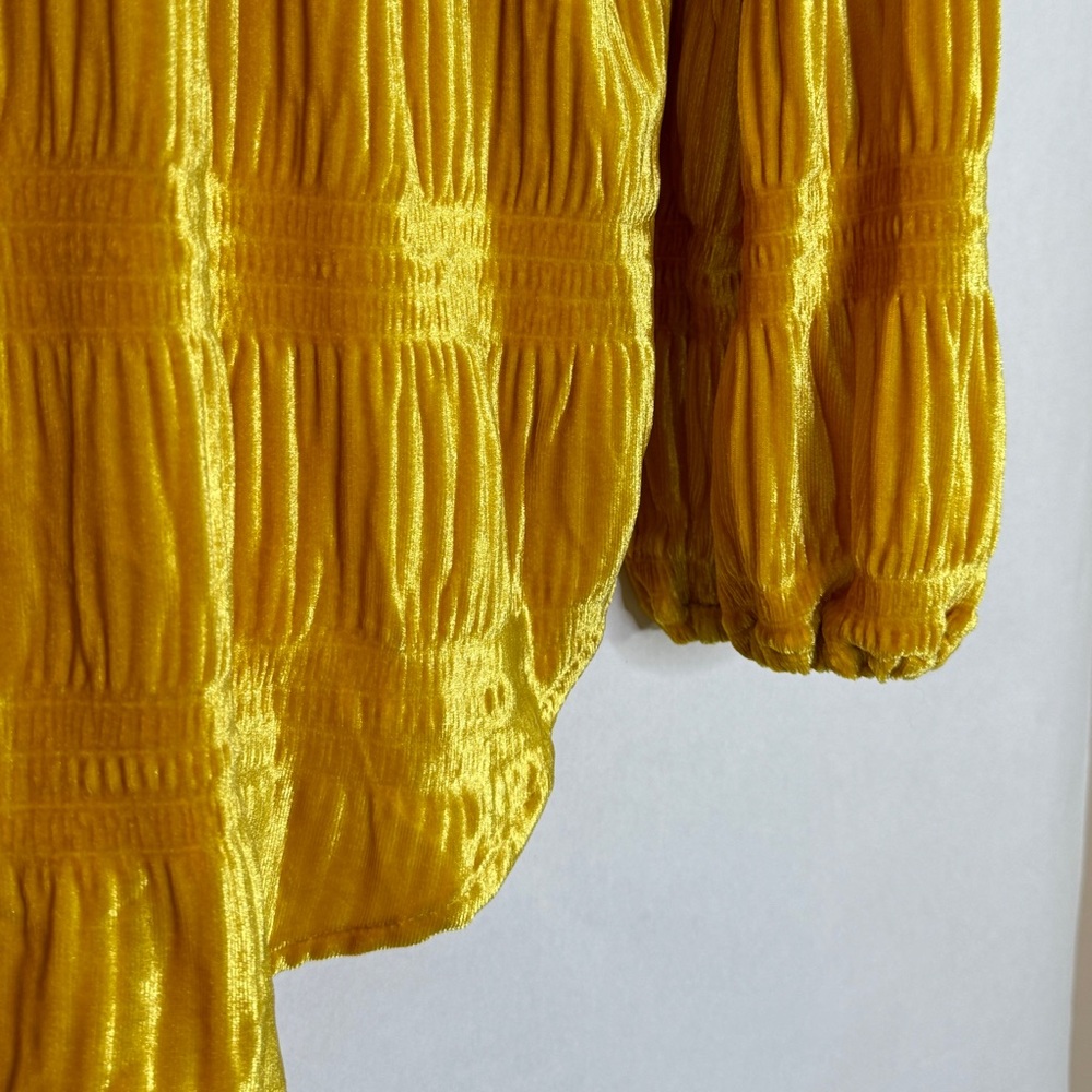 Bibi Gold Velvet Button Down Shirt Oversized Wrinkle Effect Top Mustard NWT - Picture 10 of 16